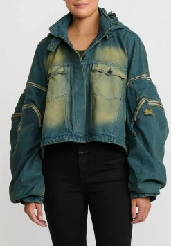 Rundholz Dip Cotton Distressed Denim Jacket With Exaggerated Zipper Sleeves In Schilf Blue