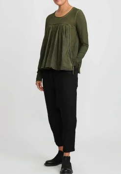 Rundholz Dip Cotton Gathered Long Sleeve T-Shirt In Olive Cloud Green
