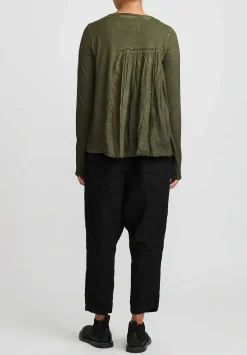 Rundholz Dip Cotton Gathered Long Sleeve T-Shirt In Olive Cloud Green