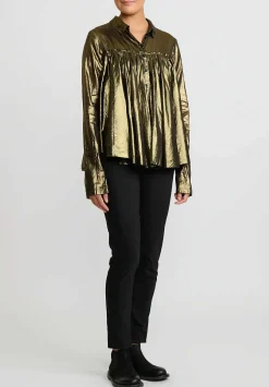 Rundholz Dip Cotton Gathered Metallic Shirt In Gold & Black
