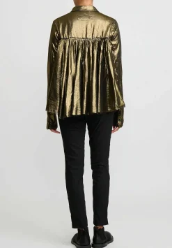 Rundholz Dip Cotton Gathered Metallic Shirt In Gold & Black