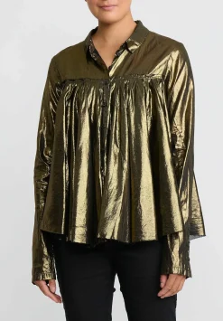 Rundholz Dip Cotton Gathered Metallic Shirt In Gold & Black