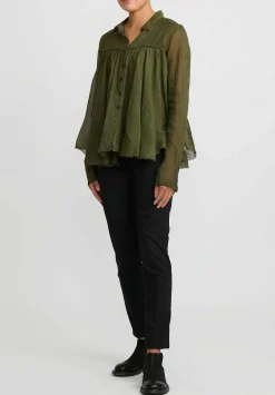 Rundholz Dip Cotton Gathered Shirt In Olive Green