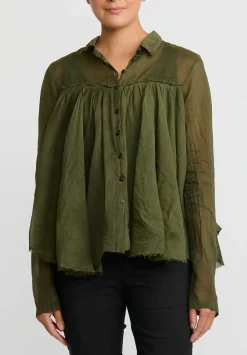 Rundholz Dip Cotton Gathered Shirt In Olive Green