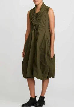 Rundholz Dip Cotton Ruched Neck, Button Front Tulip Dress In Khaki Green