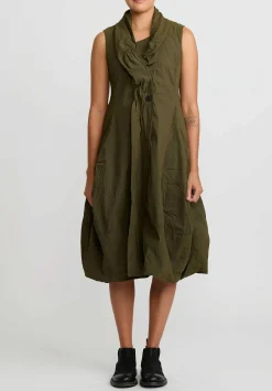 Rundholz Dip Cotton Ruched Neck, Button Front Tulip Dress In Khaki Green