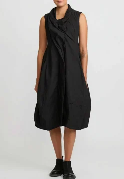 Rundholz Dip Cotton Ruched Neck, Button Front Tulip Dress In Black