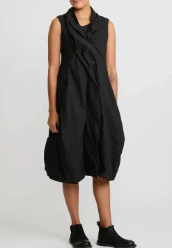 Rundholz Dip Cotton Ruched Neck, Button Front Tulip Dress In Black