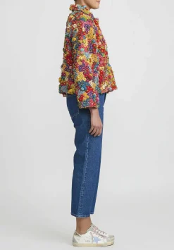Péro Crochet & Beaded Mille Fleur Jacket In Red & Yellow Multicolor