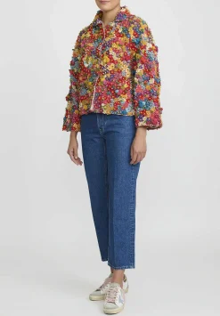 Péro Crochet & Beaded Mille Fleur Jacket In Red & Yellow Multicolor