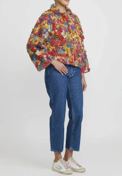Péro Crochet & Beaded Mille Fleur Jacket In Red & Yellow Multicolor