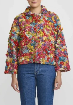 Péro Crochet & Beaded Mille Fleur Jacket In Red & Yellow Multicolor