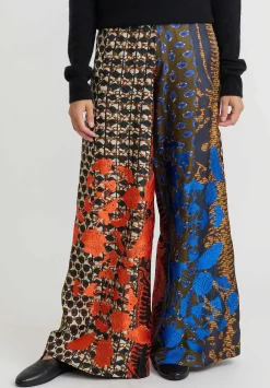 Biyan Embroidered Silk Print Pant In Blue And Orange