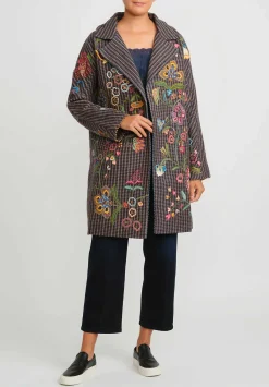 Péro Floral Embroidered Wool Double Breasted Coat In Brown Check