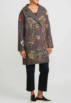 Péro Floral Embroidered Wool Double Breasted Coat In Brown Check