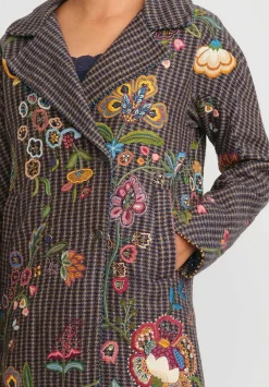 Péro Floral Embroidered Wool Double Breasted Coat In Brown Check