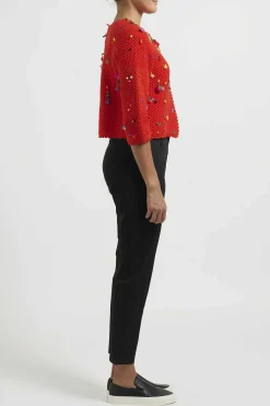 Péro Flower And Fruit Embellished Hand Knit Wool Cardigan In Red Orange