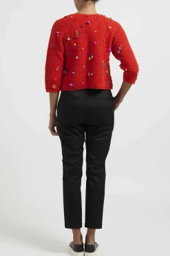 Péro Flower And Fruit Embellished Hand Knit Wool Cardigan In Red Orange