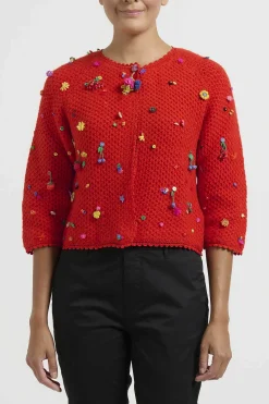 Péro Flower And Fruit Embellished Hand Knit Wool Cardigan In Red Orange