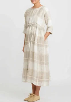 A Tentative Atelier Gathered Check Dress In Natural Plaid