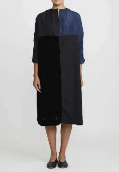 AODress Habutai Silk And Velvet Patchwork Dress In Navy Blue & Black