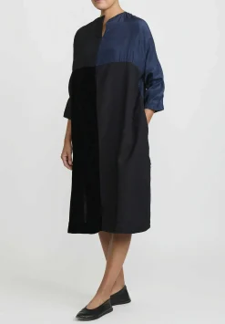 AODress Habutai Silk And Velvet Patchwork Dress In Navy Blue & Black