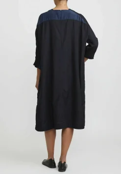 AODress Habutai Silk And Velvet Patchwork Dress In Navy Blue & Black