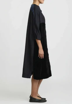 AODress Habutai Silk And Velvet Patchwork Dress In Navy Blue & Black