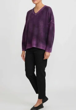 Avant Toi Hand-Painted Brushed Cashmere Maglia V-Neck Sweater In Nero Orchid Purple