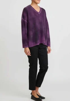 Avant Toi Hand-Painted Brushed Cashmere Maglia V-Neck Sweater In Nero Orchid Purple