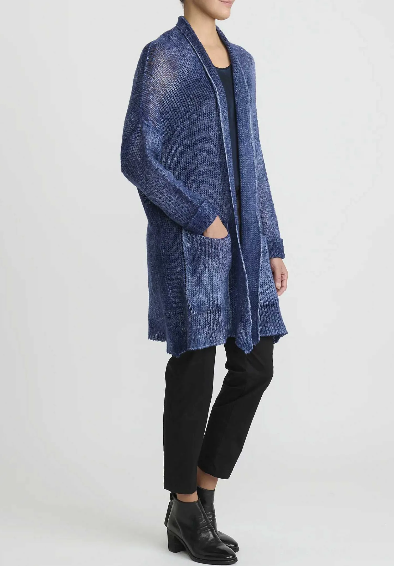 Avant Toi Hand-Painted Cashmere & Silk Loose Knit Cardigan In Midnight Blue