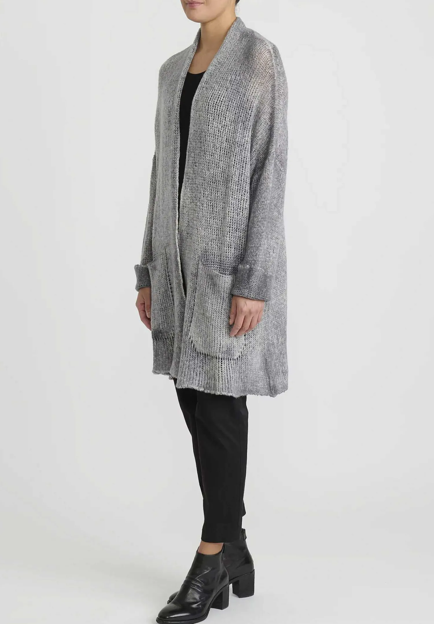Avant Toi Hand-Painted Cashmere & Silk Loose Knit Cardigan In Ghiaccio Grey