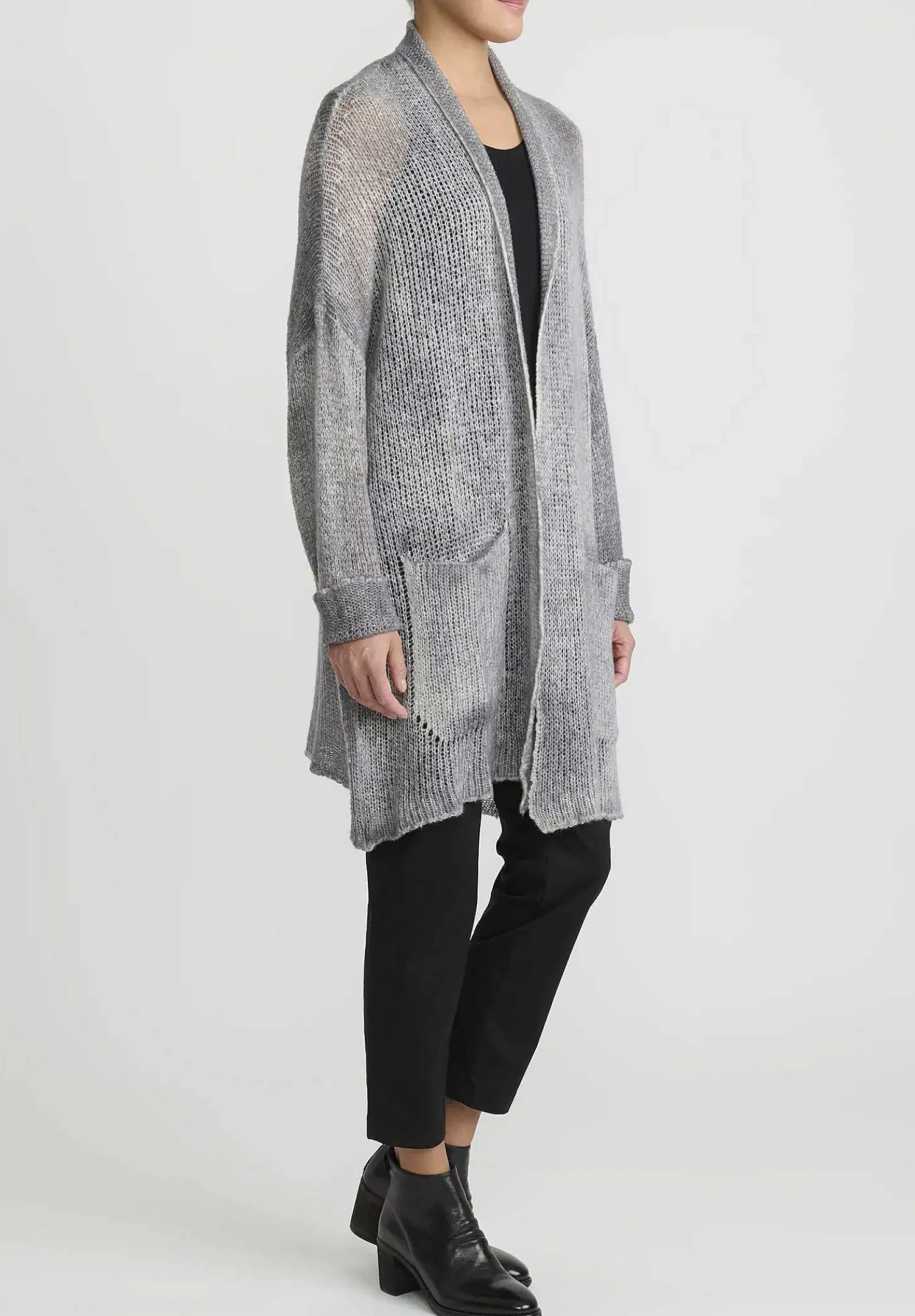 Avant Toi Hand-Painted Cashmere & Silk Loose Knit Cardigan In Ghiaccio Grey