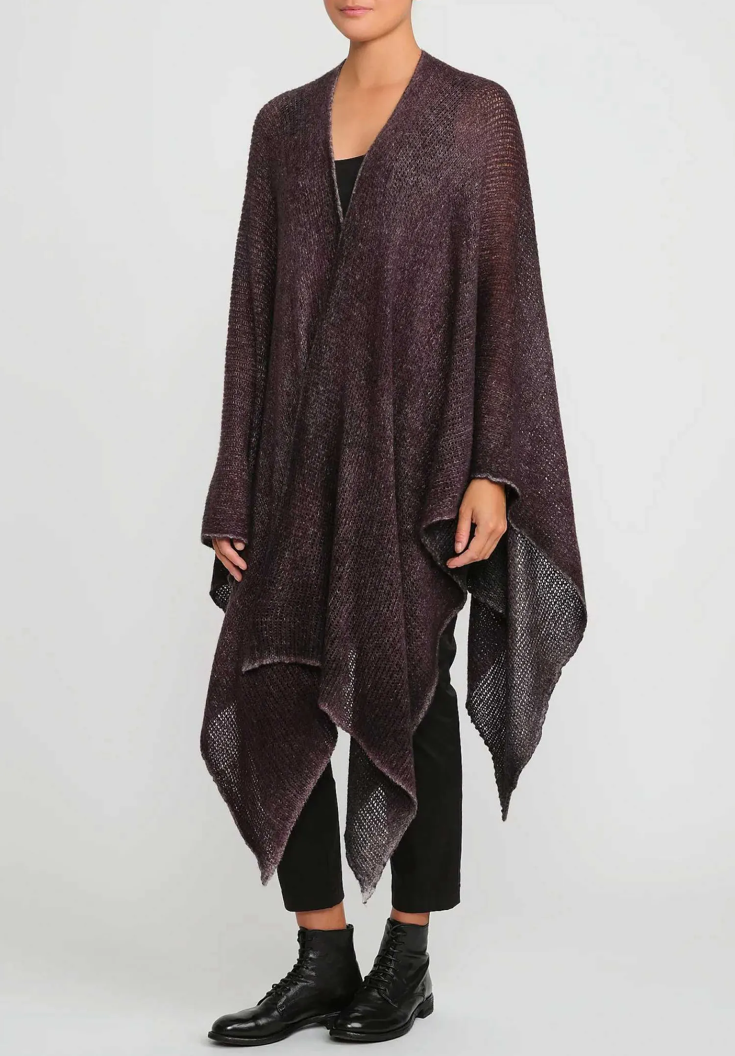 Avant Toi Hand-Painted Cashmere & Silk Off-Gauge Poncho In Nero Seppia Purple