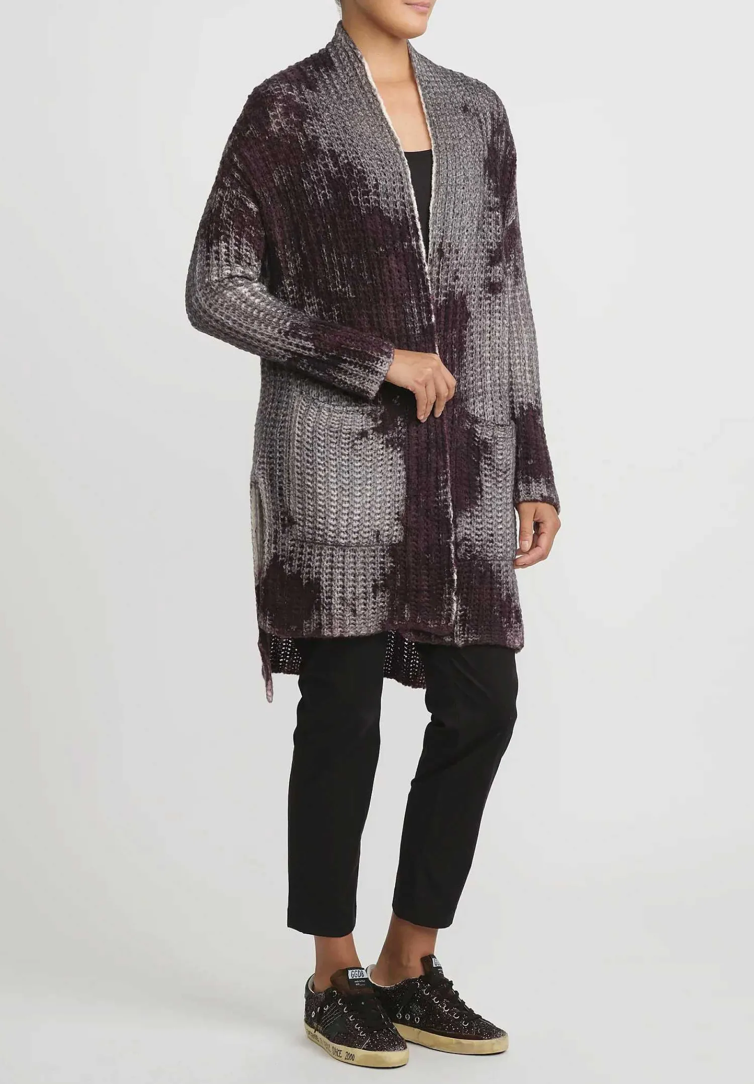 Avant Toi Hand-Painted Cashmere & Silk Square Knit Cardigan In Nero Seppia Purple