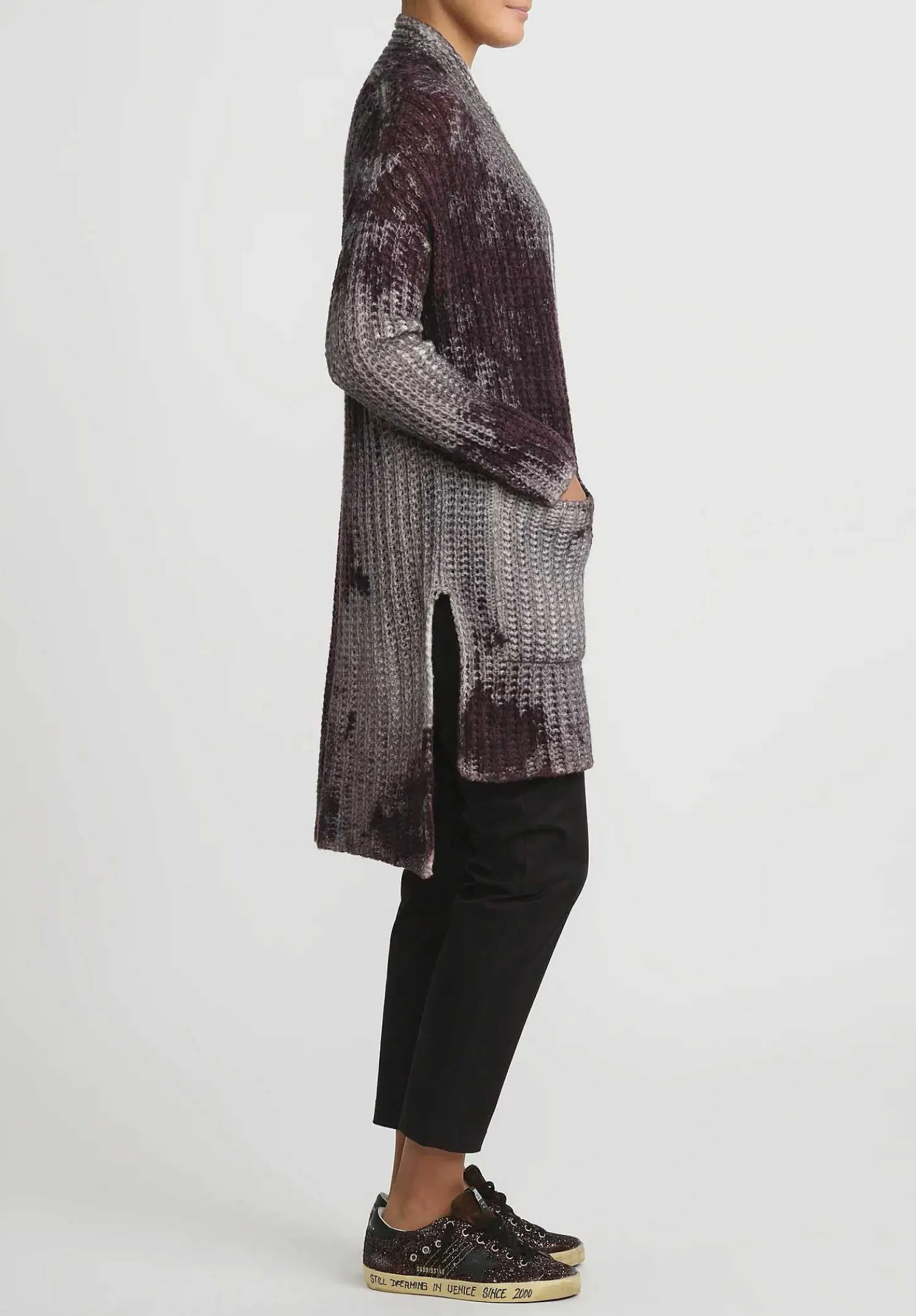Avant Toi Hand-Painted Cashmere & Silk Square Knit Cardigan In Nero Seppia Purple