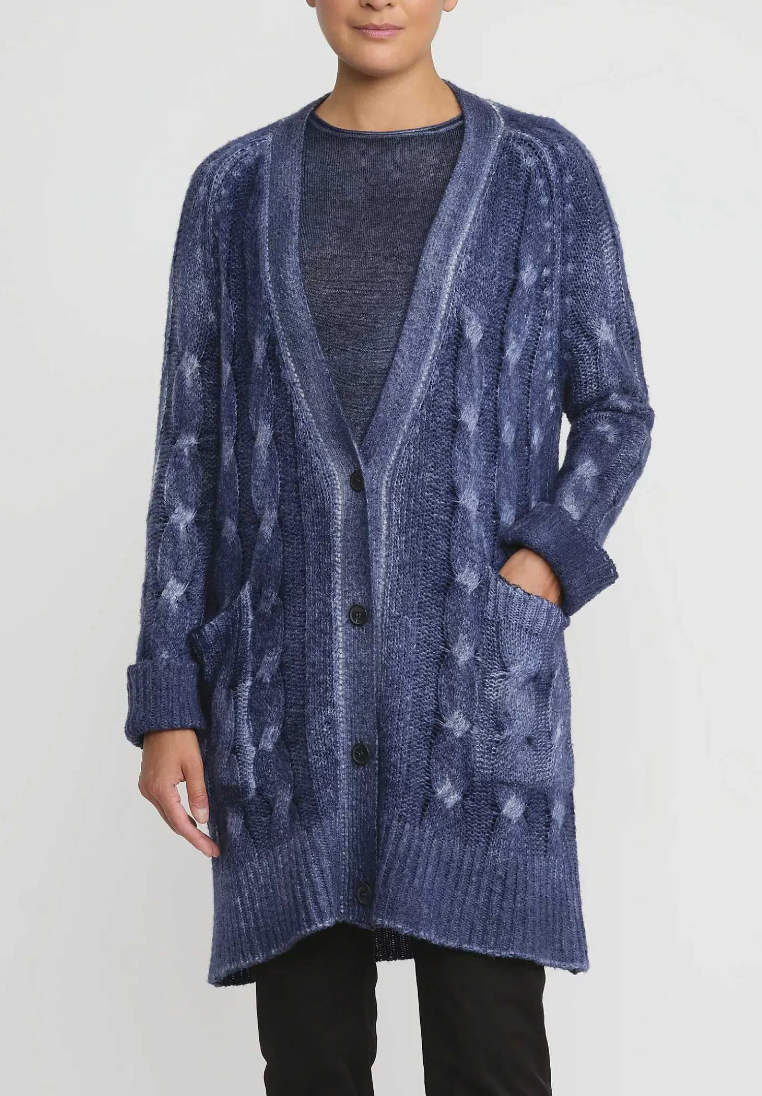 Avant Toi Hand-Painted Cashmere & Silk Cable Knit Cardigan In Midnight Blue