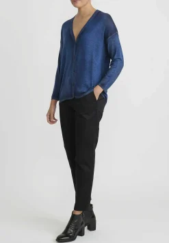 Avant Toi Hand-Painted Cashmere & Silk Con Stondatura Cardigan In Nero Genziana Blue