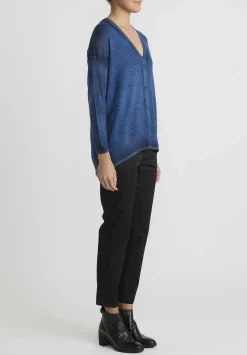 Avant Toi Hand-Painted Cashmere & Silk Con Stondatura Cardigan In Nero Genziana Blue