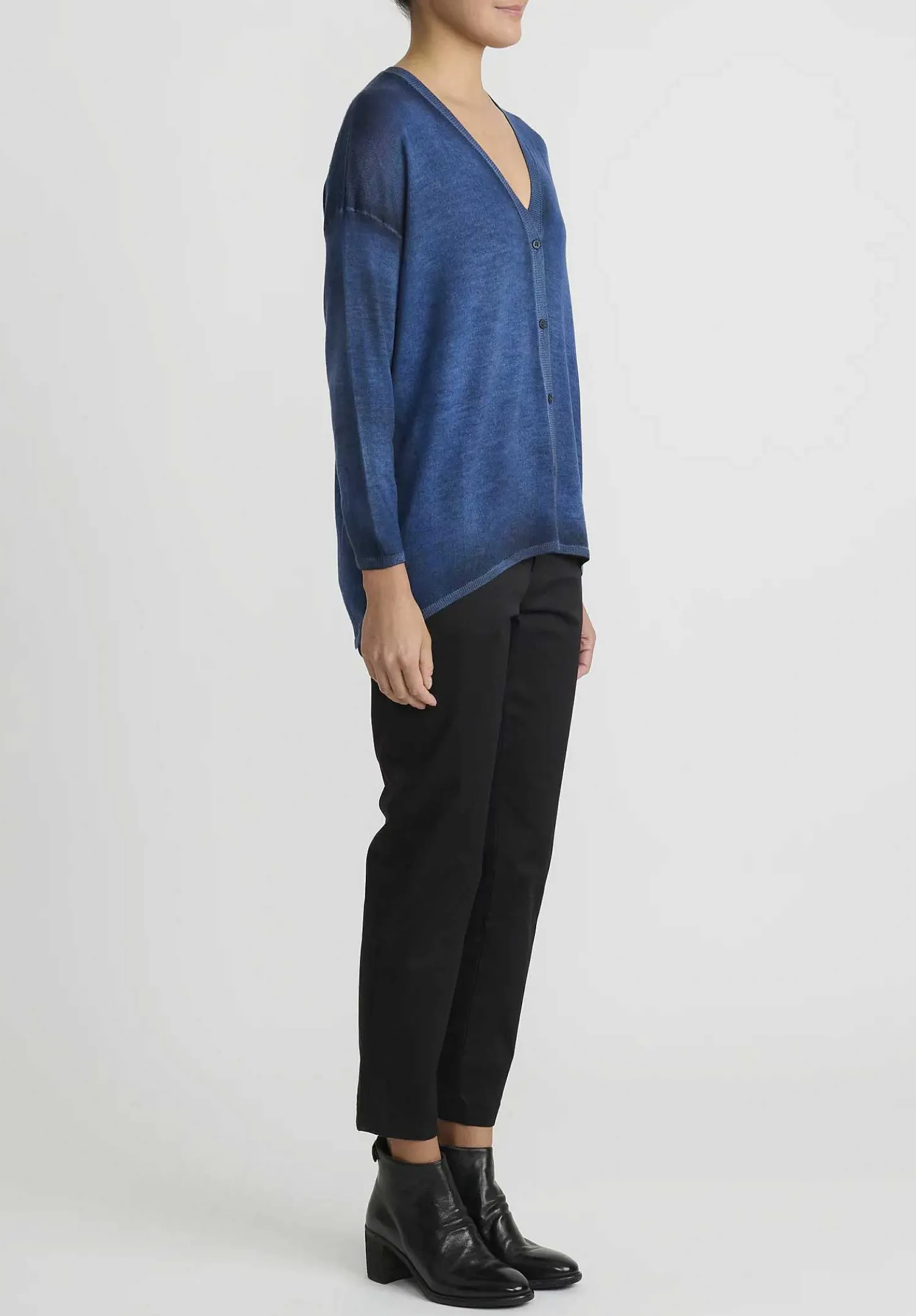 Avant Toi Hand-Painted Cashmere & Silk Con Stondatura Cardigan In Nero Genziana Blue