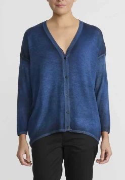 Avant Toi Hand-Painted Cashmere & Silk Con Stondatura Cardigan In Nero Genziana Blue