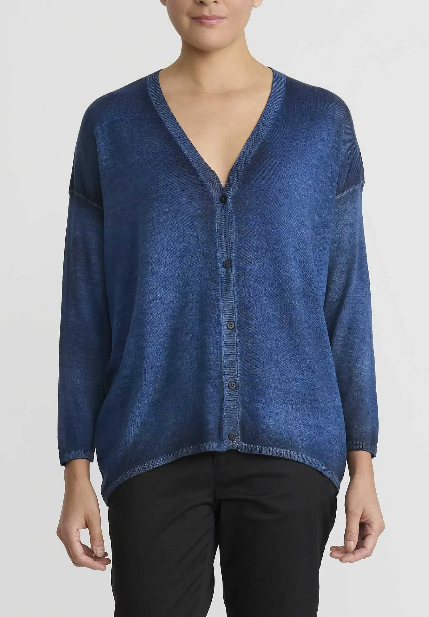 Avant Toi Hand-Painted Cashmere & Silk Con Stondatura Cardigan In Nero Genziana Blue