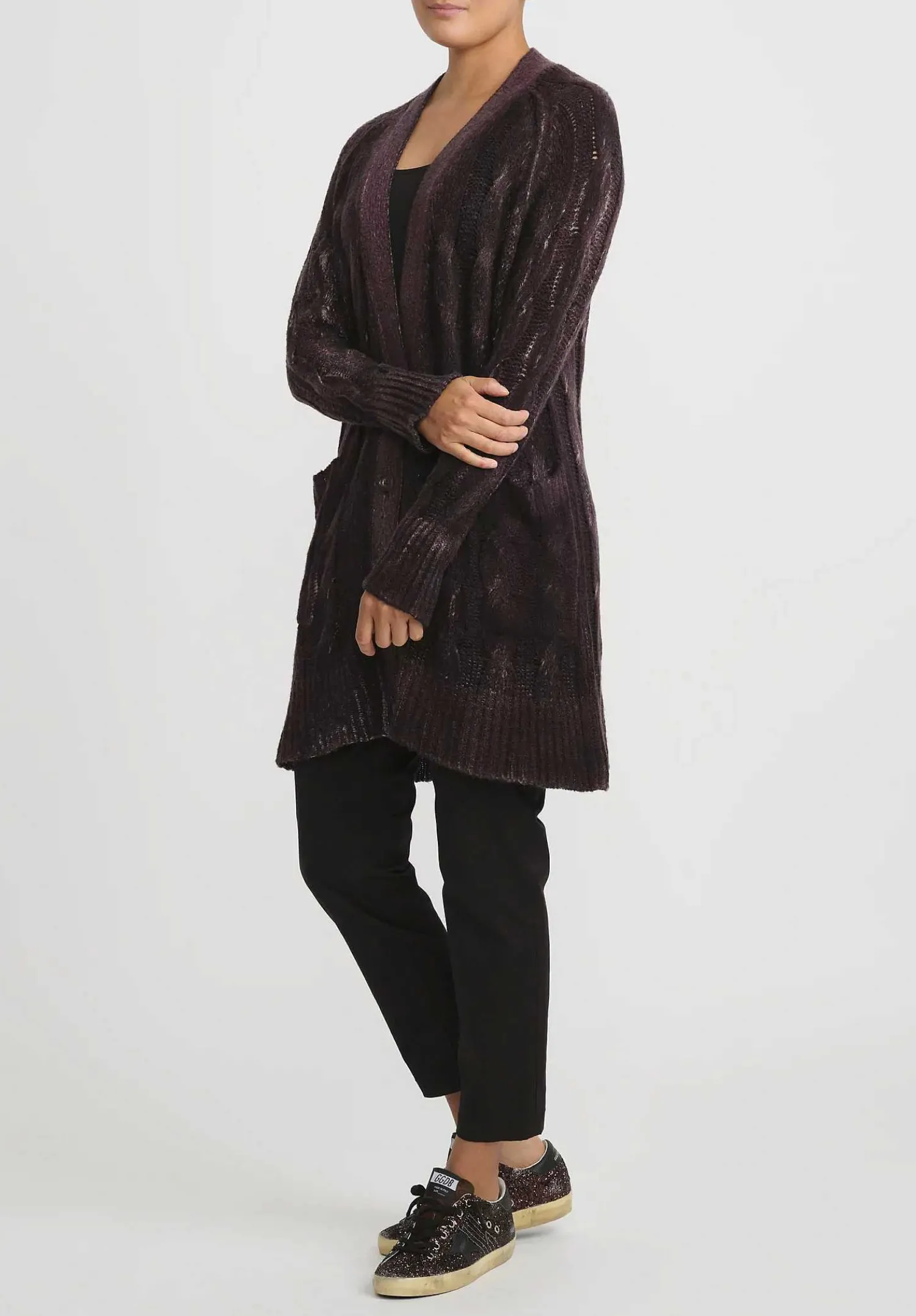 Avant Toi Hand-Painted Cashmere & Silk Cable Knit Cardigan In Seppia Purple