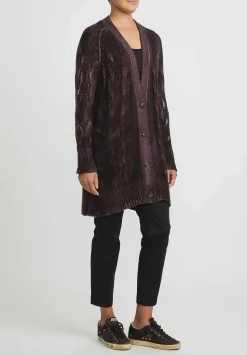 Avant Toi Hand-Painted Cashmere & Silk Cable Knit Cardigan In Seppia Purple