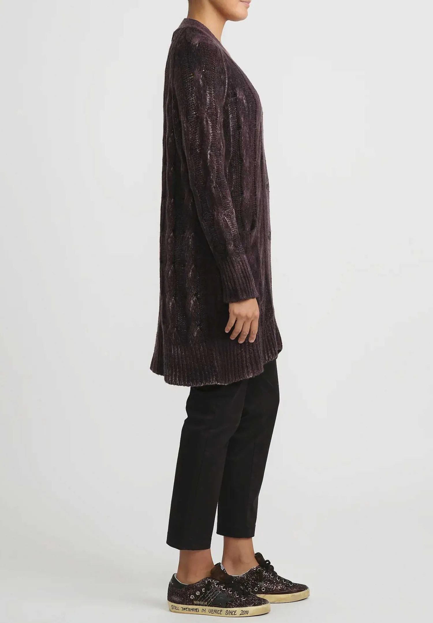 Avant Toi Hand-Painted Cashmere & Silk Cable Knit Cardigan In Seppia Purple