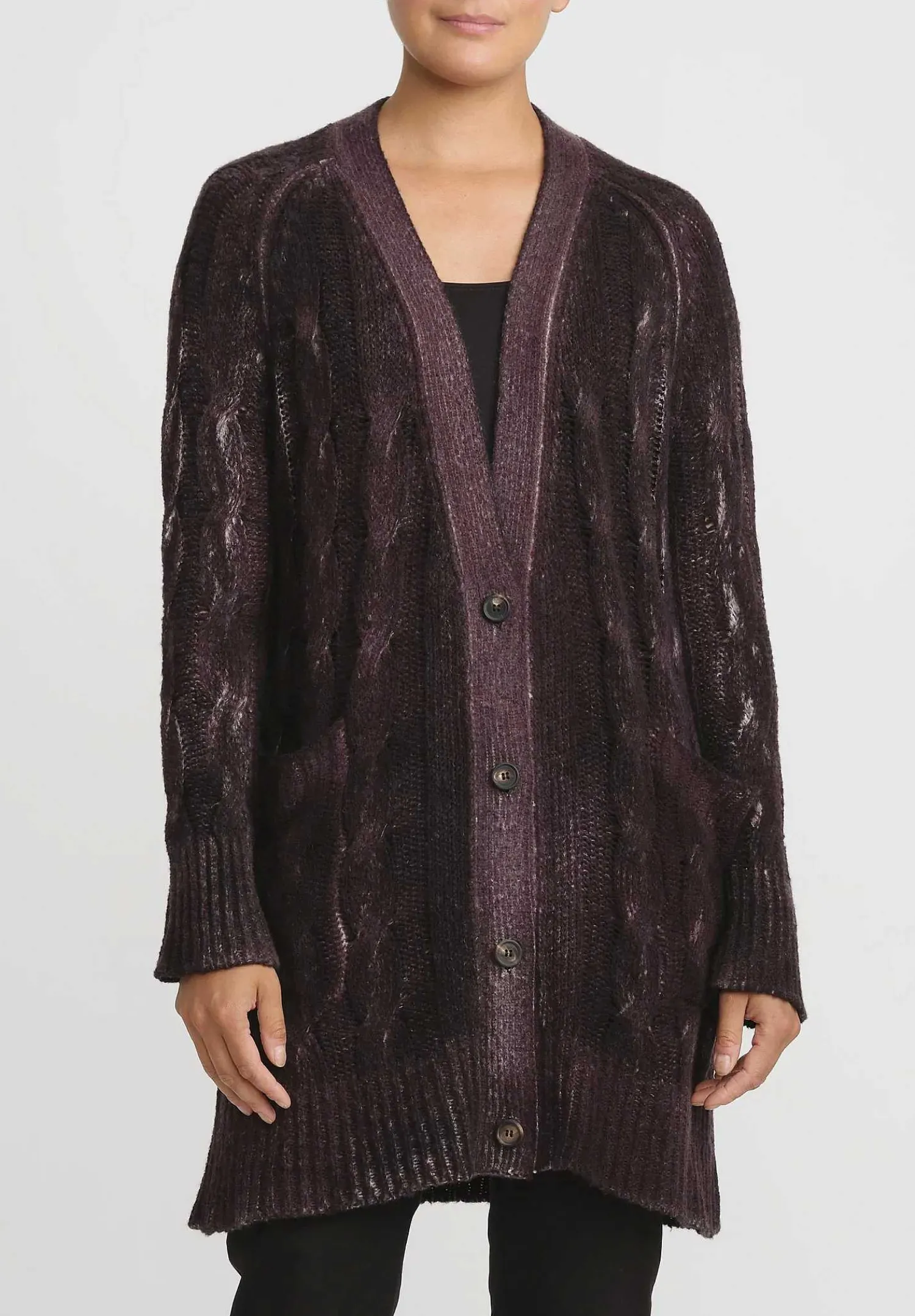 Avant Toi Hand-Painted Cashmere & Silk Cable Knit Cardigan In Seppia Purple