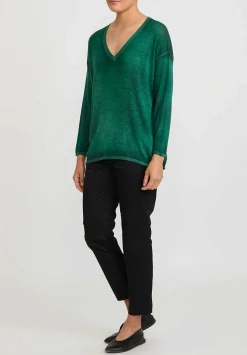 Avant Toi Hand-Painted Cashmere & Silk Maglia V-Neck Sweater In Nero Smeraldo Green