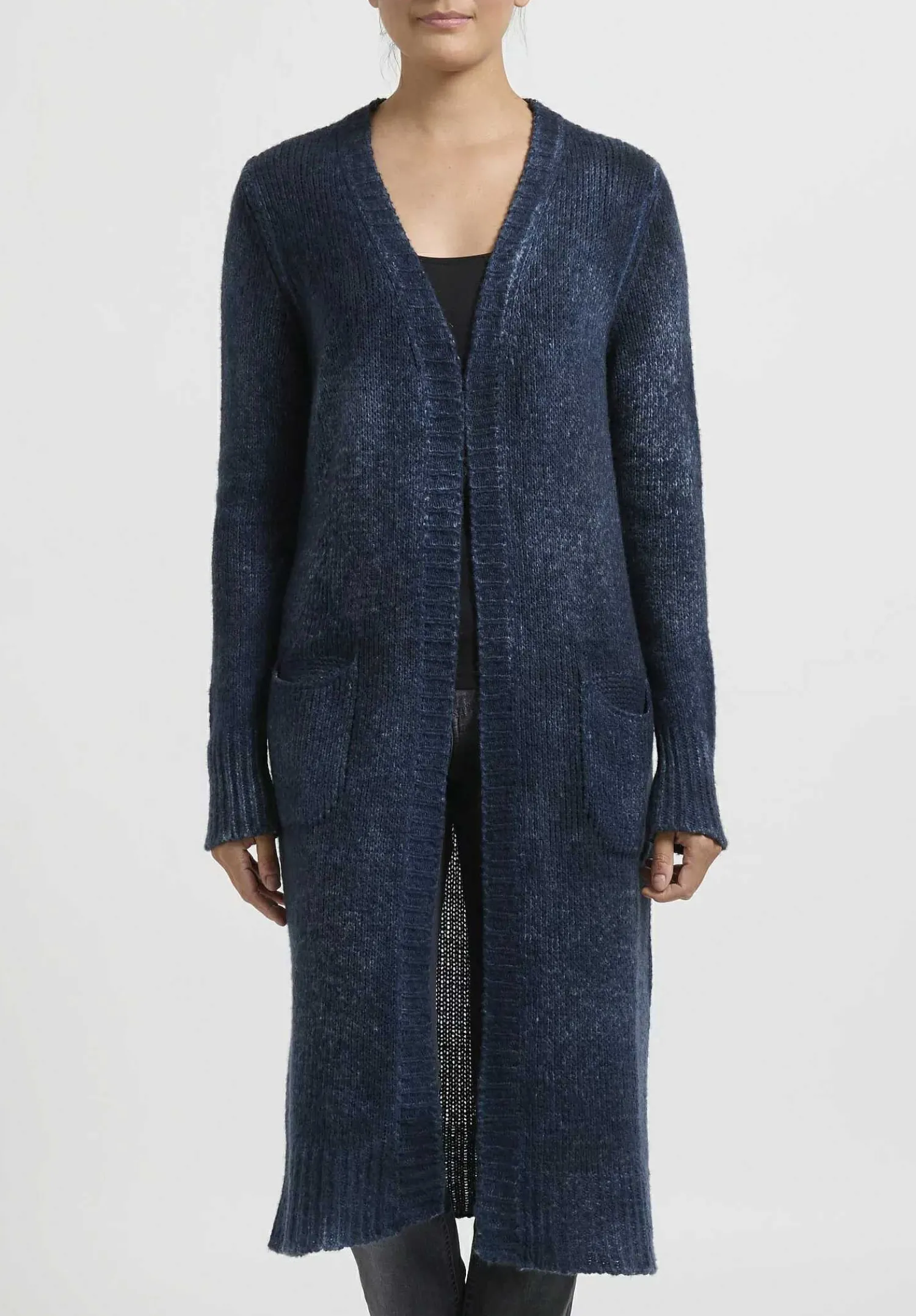 Avant Toi Hand-Painted Cashmere & Wool Long Cardigan In Nero Lake Blue