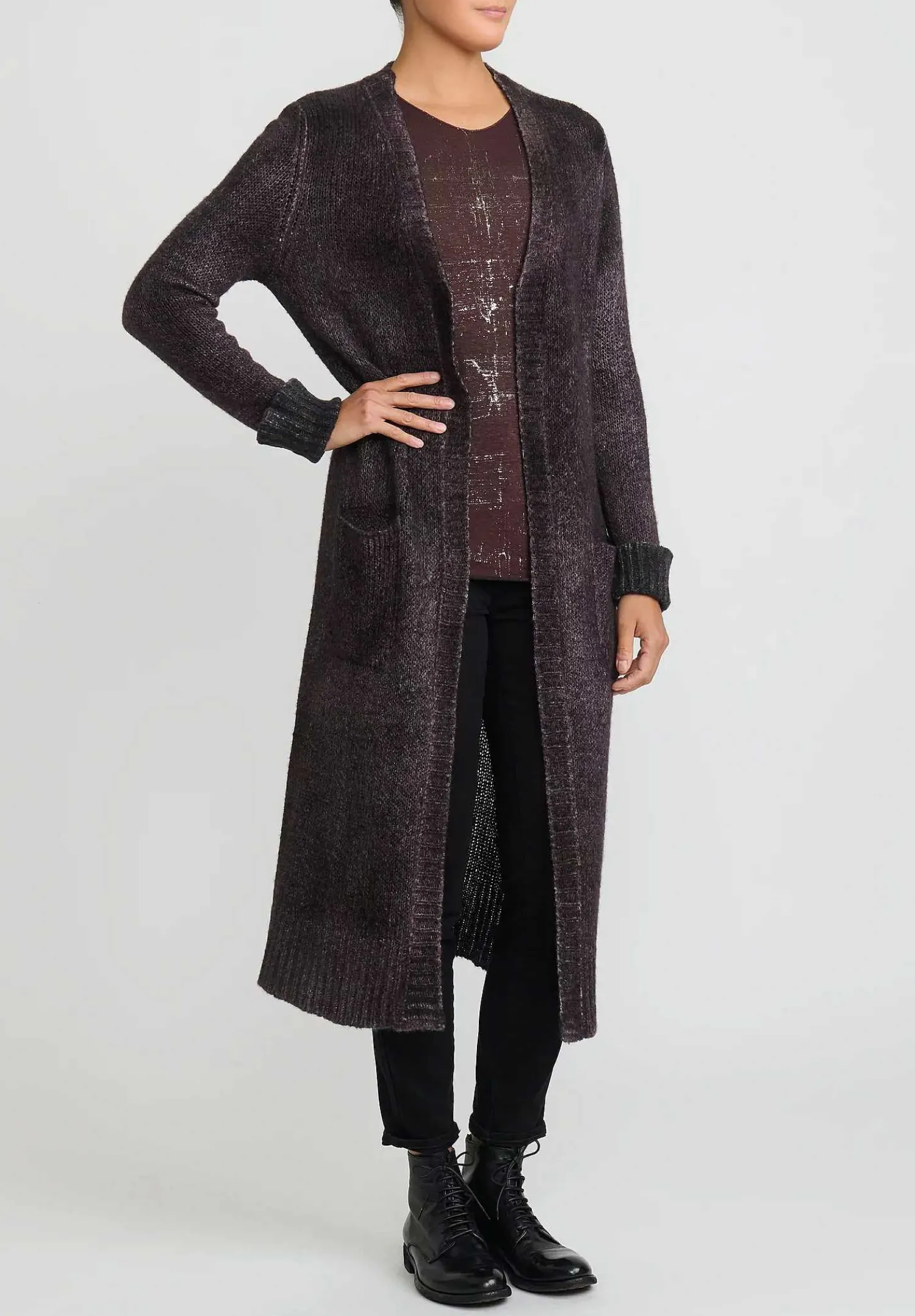 Avant Toi Hand-Painted Cashmere & Wool Long Cardigan In Nero Seppia Purple