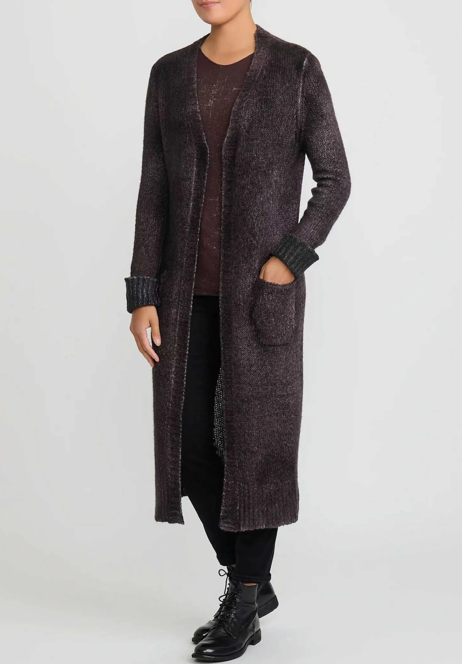 Avant Toi Hand-Painted Cashmere & Wool Long Cardigan In Nero Seppia Purple